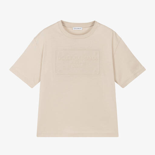 Dolce & Gabbana-Boys Beige Embossed Cotton T-Shirt | Childrensalon