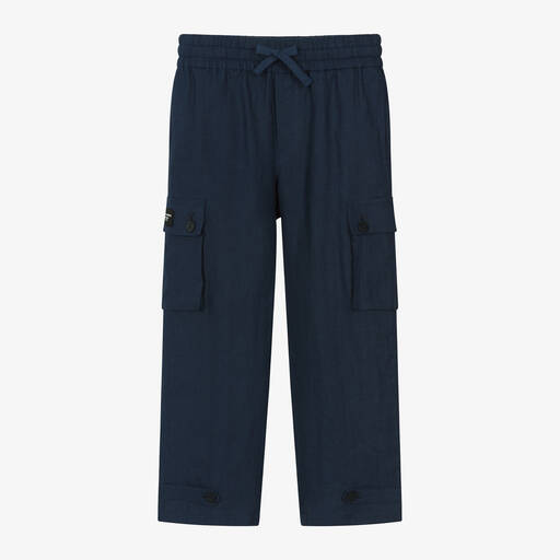 Dolce & Gabbana-Pantalon cargo bleu en lin garçon | Childrensalon