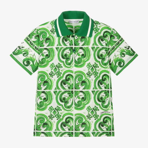 Dolce & Gabbana-Boys Green Cotton Majolica Polo Shirt | Childrensalon