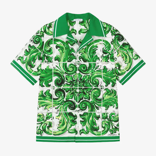 Dolce & Gabbana- قميص بطبعة ماجوليكا قطن لون أخضر للأولاد | Childrensalon