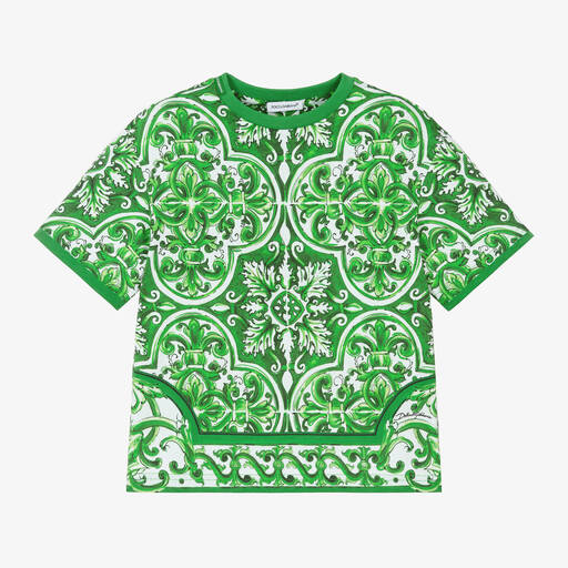 Dolce & Gabbana-Boys Green Cotton Majolica Print T-Shirt | Childrensalon
