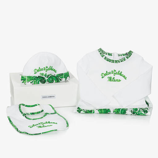 Dolce & Gabbana-طقم أفرول أطفال ولادي بطبعة ماجوليكا قطن لون أخضر وأبيض | Childrensalon