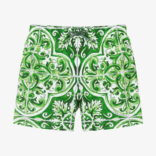 Dolce & Gabbana-Boys Green Majolica Print Swim Shorts | Childrensalon