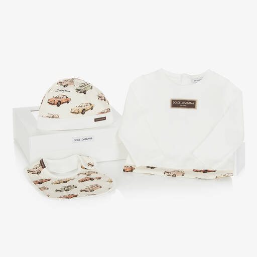 Dolce & Gabbana-Boys Ivory Cotton Cars Babysuit Gift Set | Childrensalon
