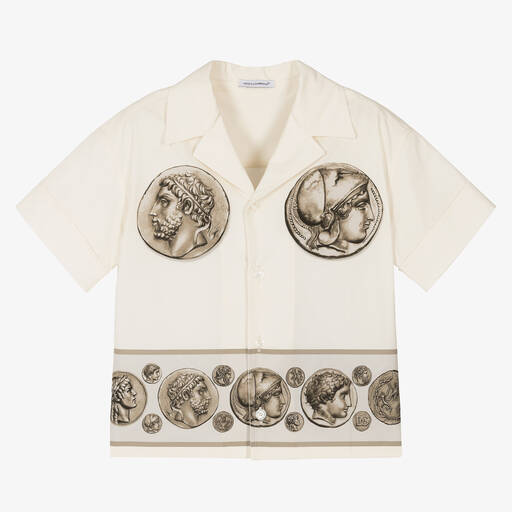 Dolce & Gabbana-Кремовая хлопковая рубашка с римскими монетами | Childrensalon