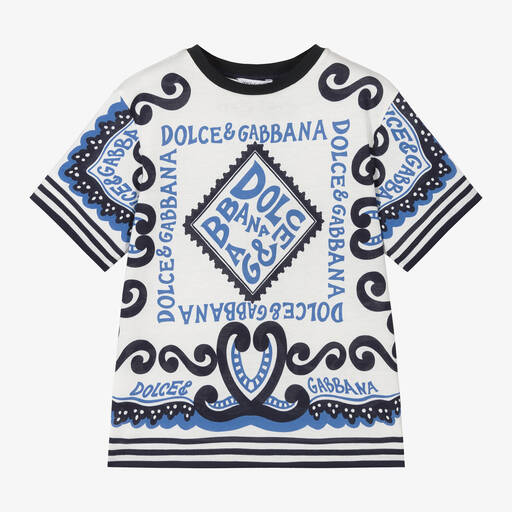 Dolce & Gabbana-Boys White Cotton Marina Print T-Shirt | Childrensalon