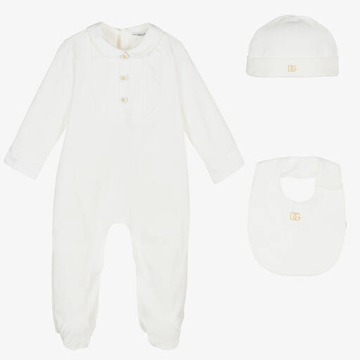 Dolce & Gabbana-Boys White & Gold Cotton Babysuit Gift Set | Childrensalon