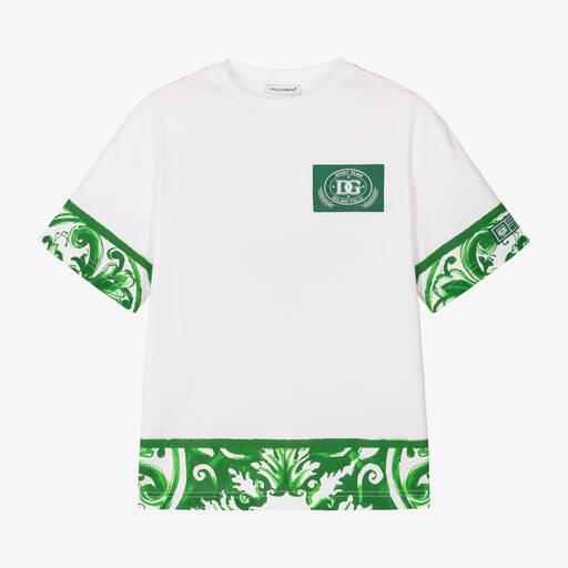 Dolce & Gabbana-Boys White & Green Cotton Majolica T-Shirt | Childrensalon