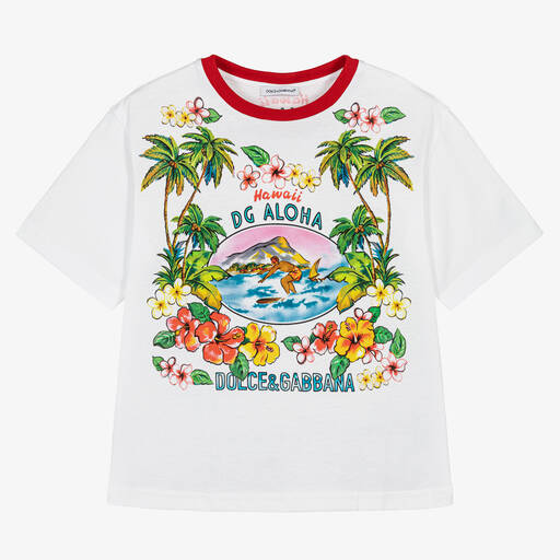 Dolce & Gabbana-Boys White Hawaiian Cotton T-Shirt | Childrensalon