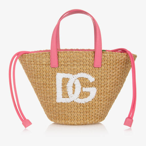 Dolce & Gabbana-حقيبة يد قش لون بيج وزهري للبنات (30 سم) | Childrensalon