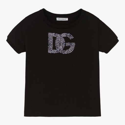 Dolce & Gabbana-Girls Black Cotton DG Rhinestone T-Shirt | Childrensalon