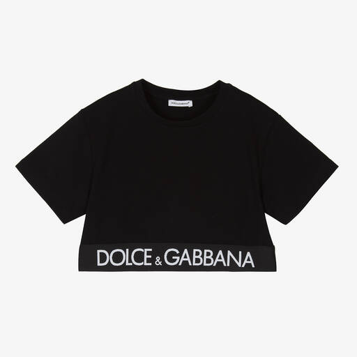 Dolce & Gabbana-Girls Black Cotton Logo Cropped T-Shirt | Childrensalon