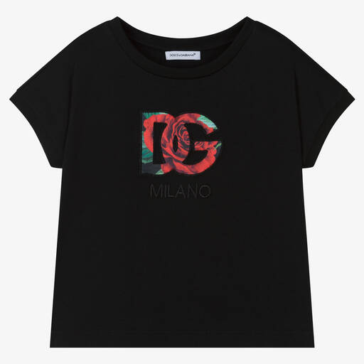 Dolce & Gabbana-Girls Black Crossover DG Rose T-Shirt | Childrensalon