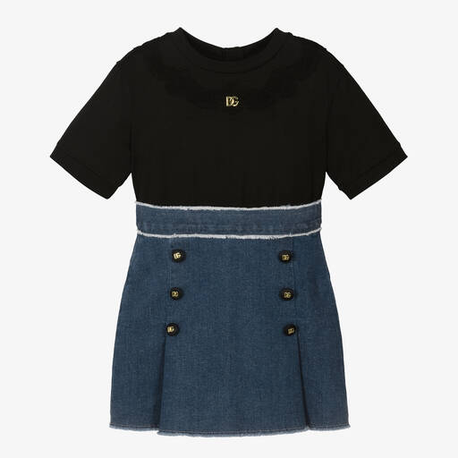 Dolce & Gabbana-Girls Black Jersey & Blue Denim Dress | Childrensalon