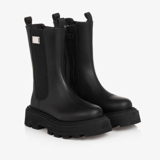 Dolce & Gabbana-Girls Black Leather Boots | Childrensalon