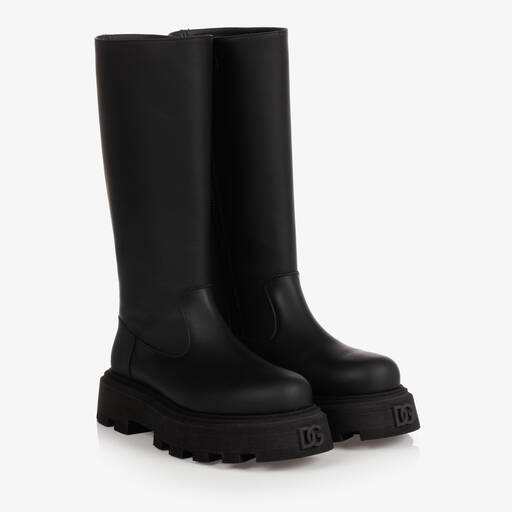 Dolce & Gabbana-Girls Black Leather DG Boots | Childrensalon