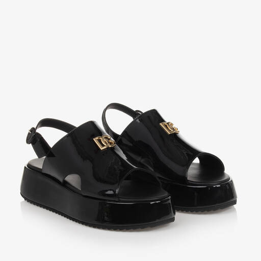 Dolce & Gabbana-Girls Black Patent Flatform Sandals | Childrensalon