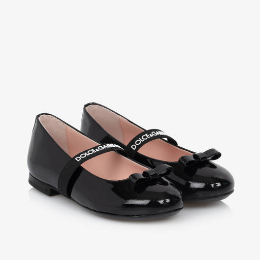 Dolce & Gabbana-Girls Black Patent Leather Ballerina Flats | Childrensalon