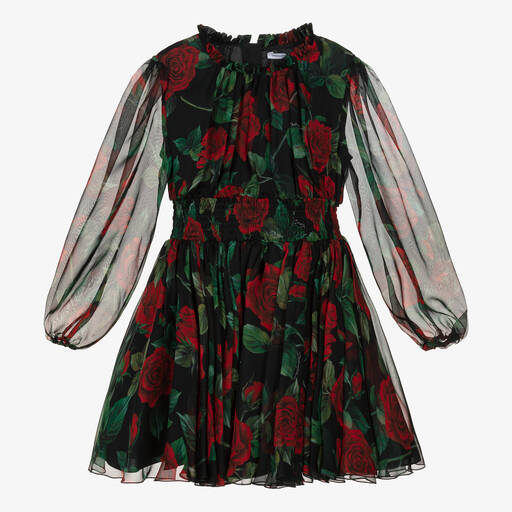 Dolce & Gabbana-Girls Black & Red Rose Chiffon Dress | Childrensalon