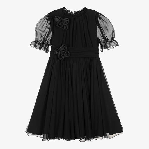 Dolce & Gabbana-Girls Black Silk Chiffon Flower Dress | Childrensalon