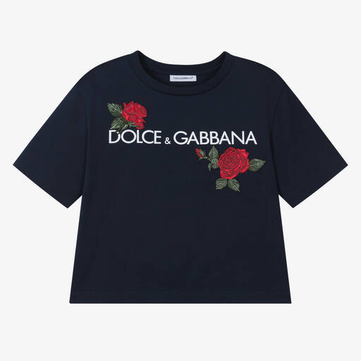 Dolce & Gabbana-Girls Blue Cotton Roses T-Shirt | Childrensalon