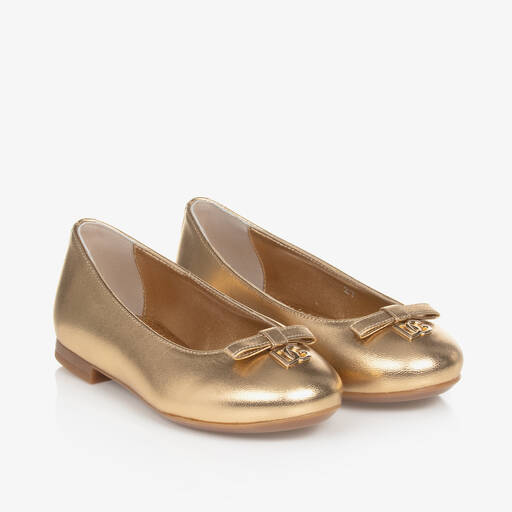Dolce & Gabbana-Girls Gold Leather DG Ballerina Pumps | Childrensalon