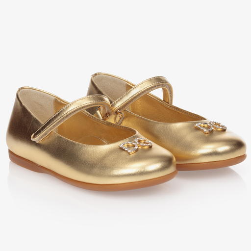 Dolce & Gabbana-Girls Gold Leather Logo Shoes | Childrensalon