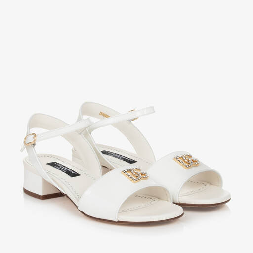 Dolce & Gabbana-Girls Ivory Leather DG Heeled Sandals | Childrensalon