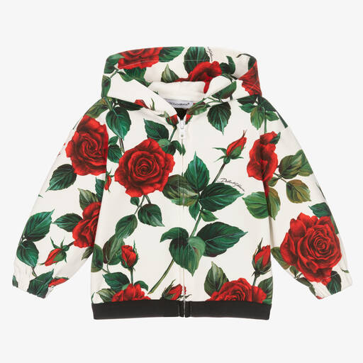 Dolce & Gabbana-Girls Ivory & Red Rose Zip-Up Hoodie | Childrensalon