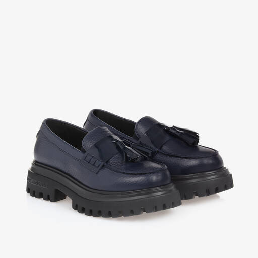Dolce & Gabbana-Girls Navy Blue Leather Loafers | Childrensalon
