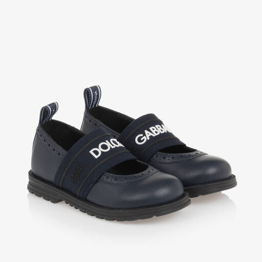 Dolce & Gabbana-حذاء جلد بشعار الماركة لون كحلي للبنات  | Childrensalon