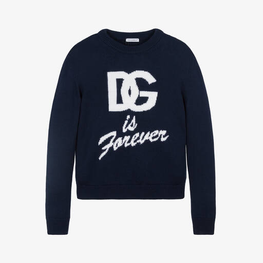 Dolce & Gabbana-Girls Navy Blue Wool-Knit DG Sweater | Childrensalon