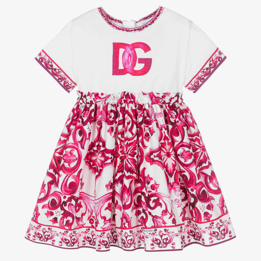Dolce & Gabbana-Girls Pink Cotton DG Majolica Dress | Childrensalon