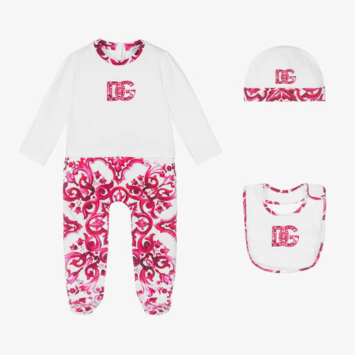 Dolce & Gabbana-Girls Pink Cotton Majolica Babygrow Set | Childrensalon