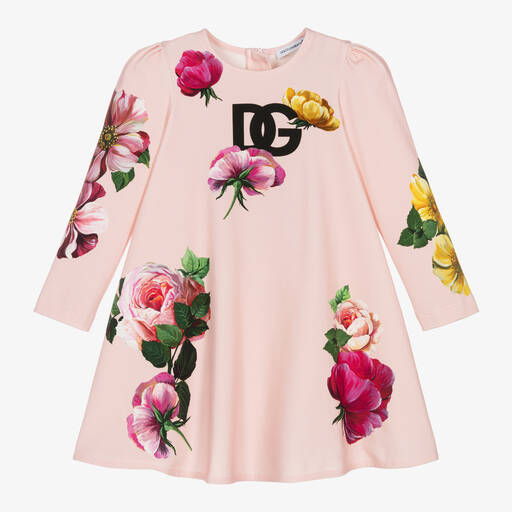 Dolce & Gabbana-طقم فستان قطن جيرسي لون زهري بطبعة ورود | Childrensalon