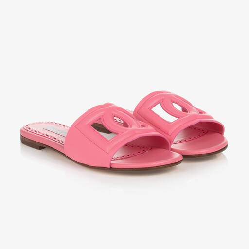 Dolce & Gabbana-Girls Pink Leather Logo Sliders | Childrensalon