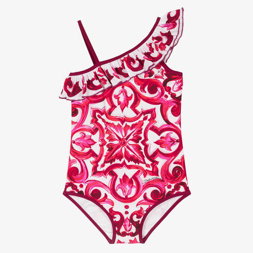Dolce & Gabbana-Girls Pink Majolica Asymmetric Swimsuit | Childrensalon