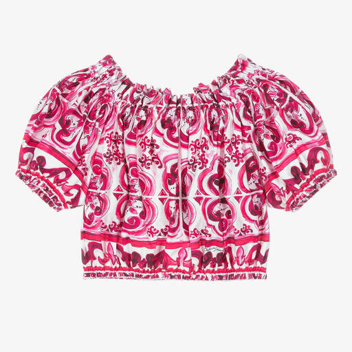 Dolce & Gabbana-Girls Pink & White Cotton Majolica Blouse | Childrensalon