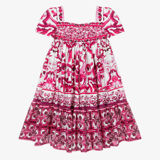 Dolce & Gabbana-Girls Pink & White Cotton Majolica Dress | Childrensalon