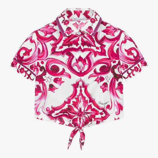 Dolce & Gabbana-Бело-розовая хлопковая рубашка с принтом Majolica | Childrensalon