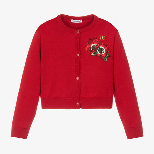 Dolce & Gabbana-Girls Red Cotton Knit Poppy Cardigan | Childrensalon