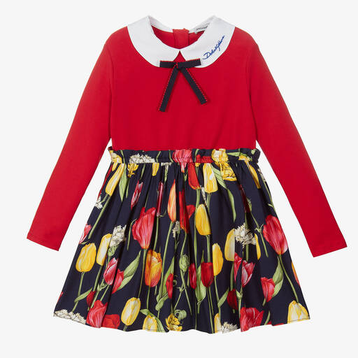 Dolce & Gabbana-فستان بطبعة توليب مزيج قطن وفيسكوز لون أحمر وكحلي | Childrensalon