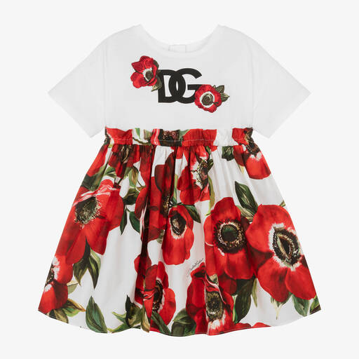 Dolce & Gabbana-Girls Red Poppy Print Cotton Dress | Childrensalon