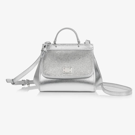Dolce & Gabbana-Girls Silver Crystal Leather Sicily Bag (30cm) | Childrensalon