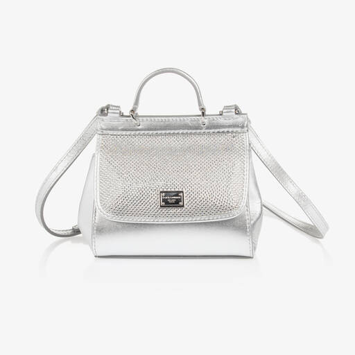 Dolce & Gabbana-حقيبة يد سيسلي جلد مزينة بكريستال لون فضي (30 سم) | Childrensalon