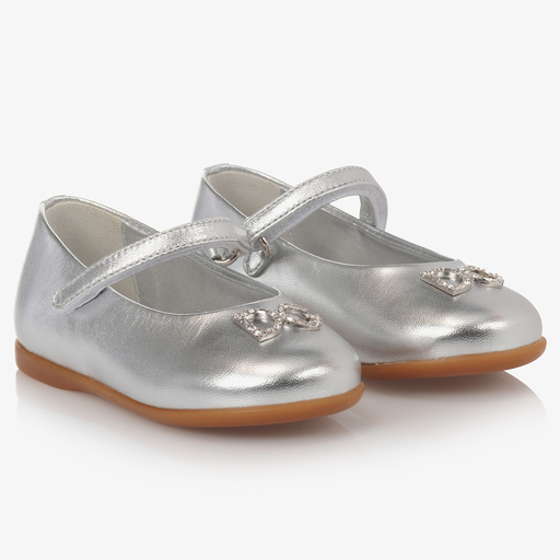 Dolce & Gabbana-Girls Silver Leather Logo Shoes | Childrensalon