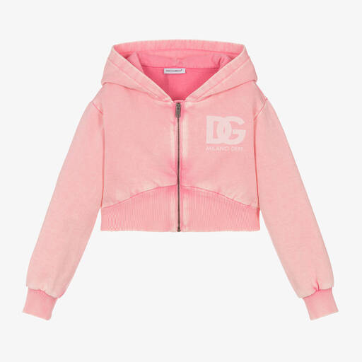 Dolce & Gabbana-Girls Washed Pink Cotton Zip-Up Hoodie | Childrensalon