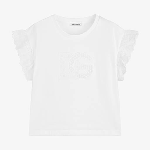 Dolce & Gabbana-Girls White Broderie Anglaise T-Shirt | Childrensalon