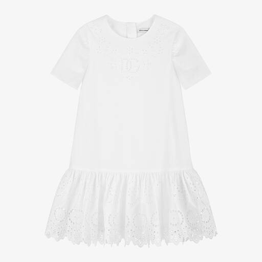Dolce & Gabbana-Girls White Cotton Broderie Anglaise Dress | Childrensalon