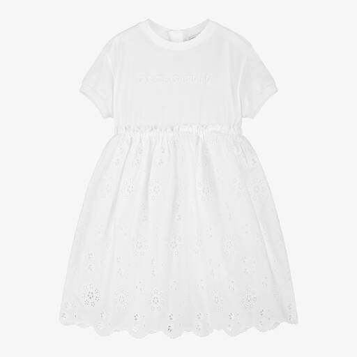 Dolce & Gabbana-Girls White Cotton Broderie Anglaise Dress | Childrensalon